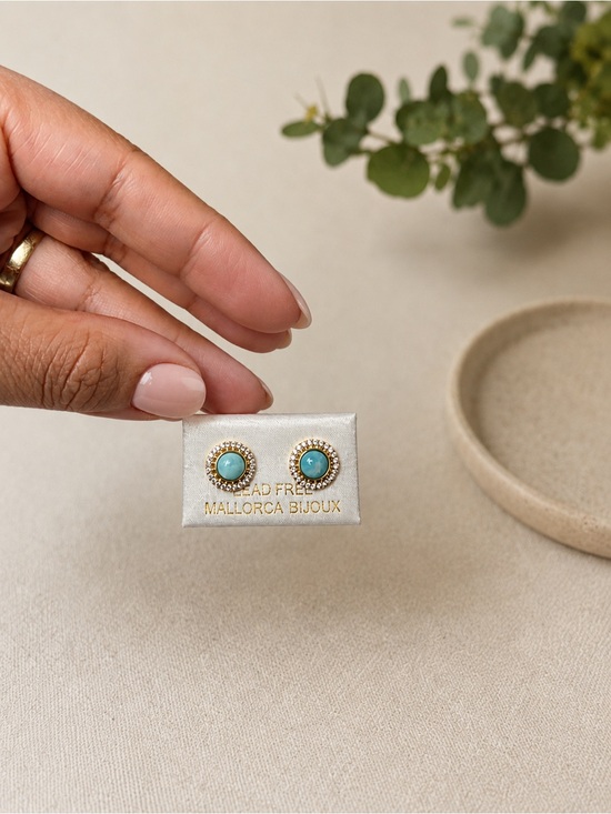 Jewelry - Gold plated Larimar Stud Earrings cubic Zirconia stones